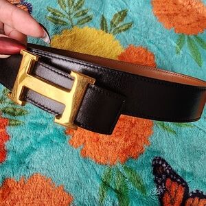 Hermes Luxury Black Leather Belt with Gold Buckle
